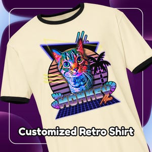 Custom Pet Portrait T-Shirt: 80s Retro Wave Style