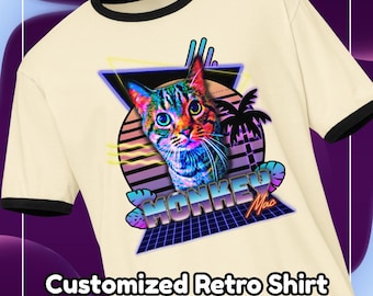 Custom Pet Portrait T-Shirt: 80s Retro Wave Style