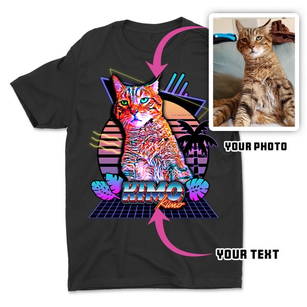 Custom 80s Retro Wave Aesthetic - Personalized Pet Portrait Shirt | Custom Cat/Dog Portrait & Text | Cat or Dog Picture | Unisex t-shirt