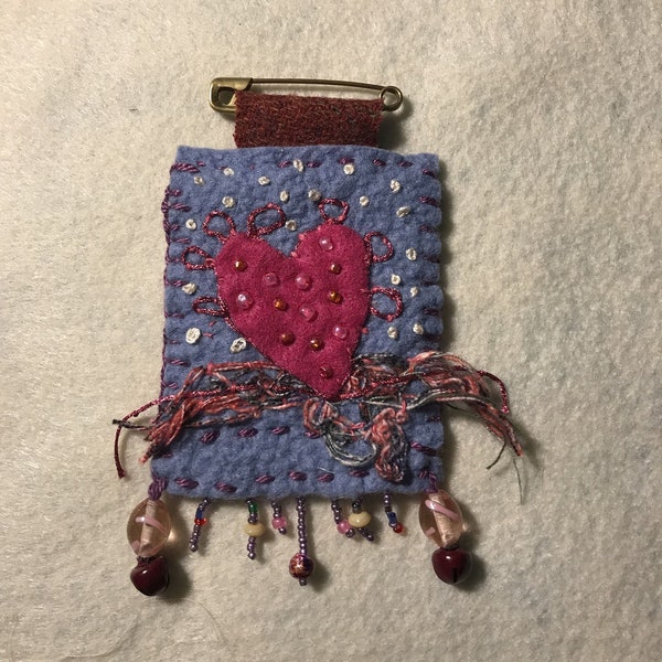 Textile Art Brooch Blue Beaded with Heart