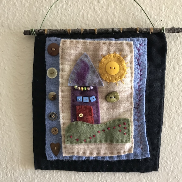 Wool Wall  Hanging of House with buttons, beading and embroidery