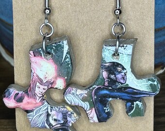 Catwoman Comic Book Recycled Puzzle Dangle Earrings, Eco-Friendly Handmade