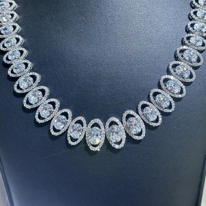 Platinum Over Sterling Silver Oval Pave Halo Simulated White Sapphire Tennis Necklace Bridal Gift
