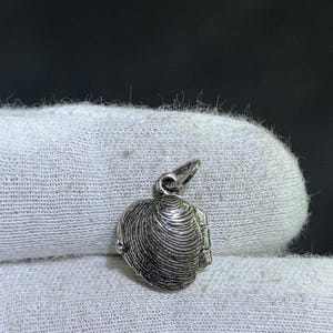 Könnte beinhalten: Ein kleiner, silberfarbener Metallanhänger in Form einer Muschel. Die Oberfläche des Anhängers weist detaillierte, konzentrische Rillen auf, die die natürliche Textur einer Muschel nachahmen. Er besitzt eine kleine Metallöse zur Befestigung.