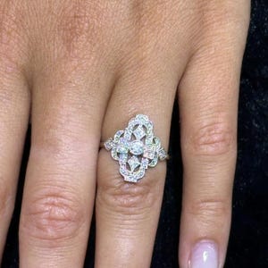 14k White Gold Natural Diamonds Vintage Design Hand Made Halo Band Ring Size 6 Bridal Gift