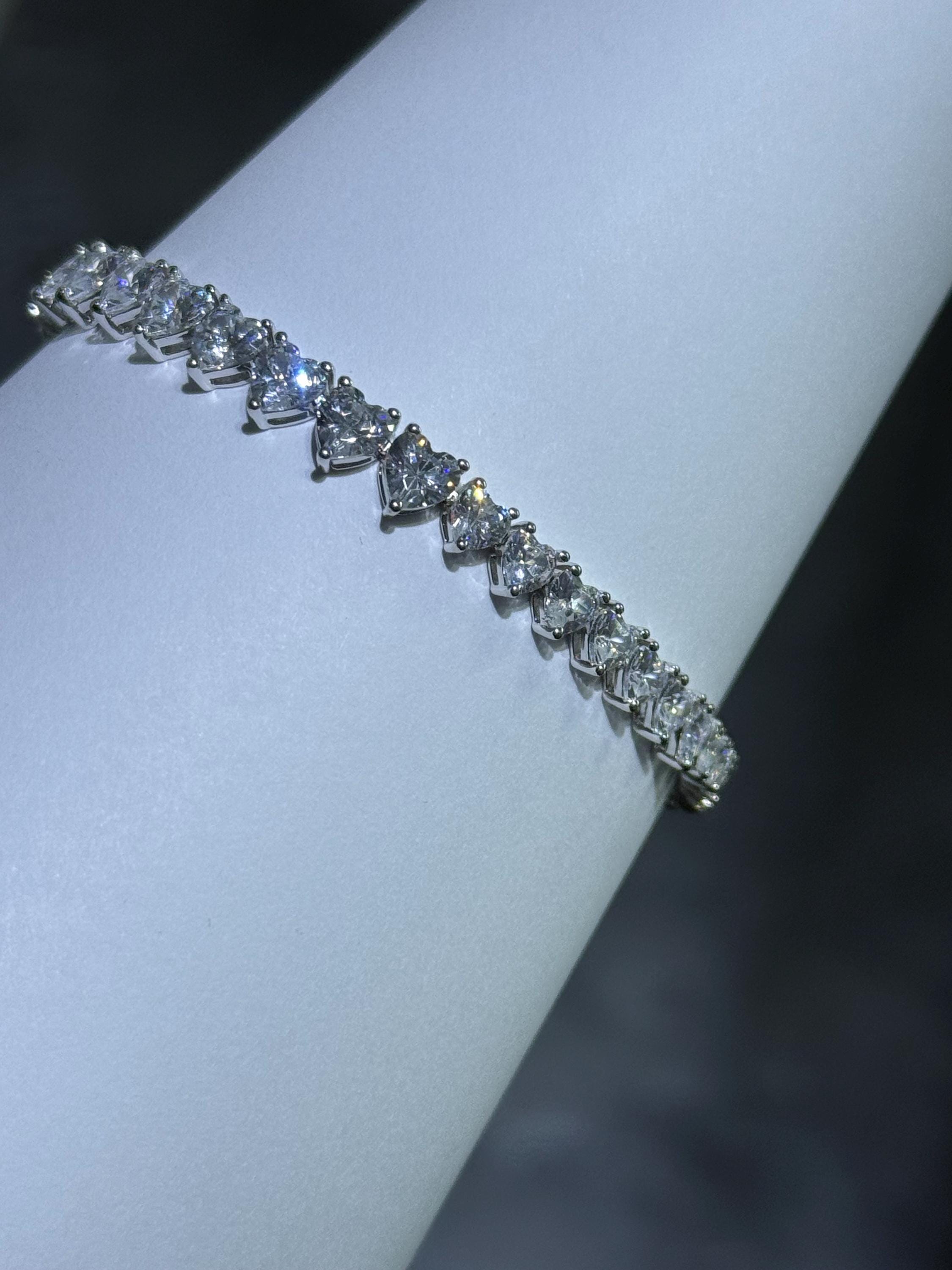 Platinum Sterling Silver White Sapphire Heart Shape Classic Tennis