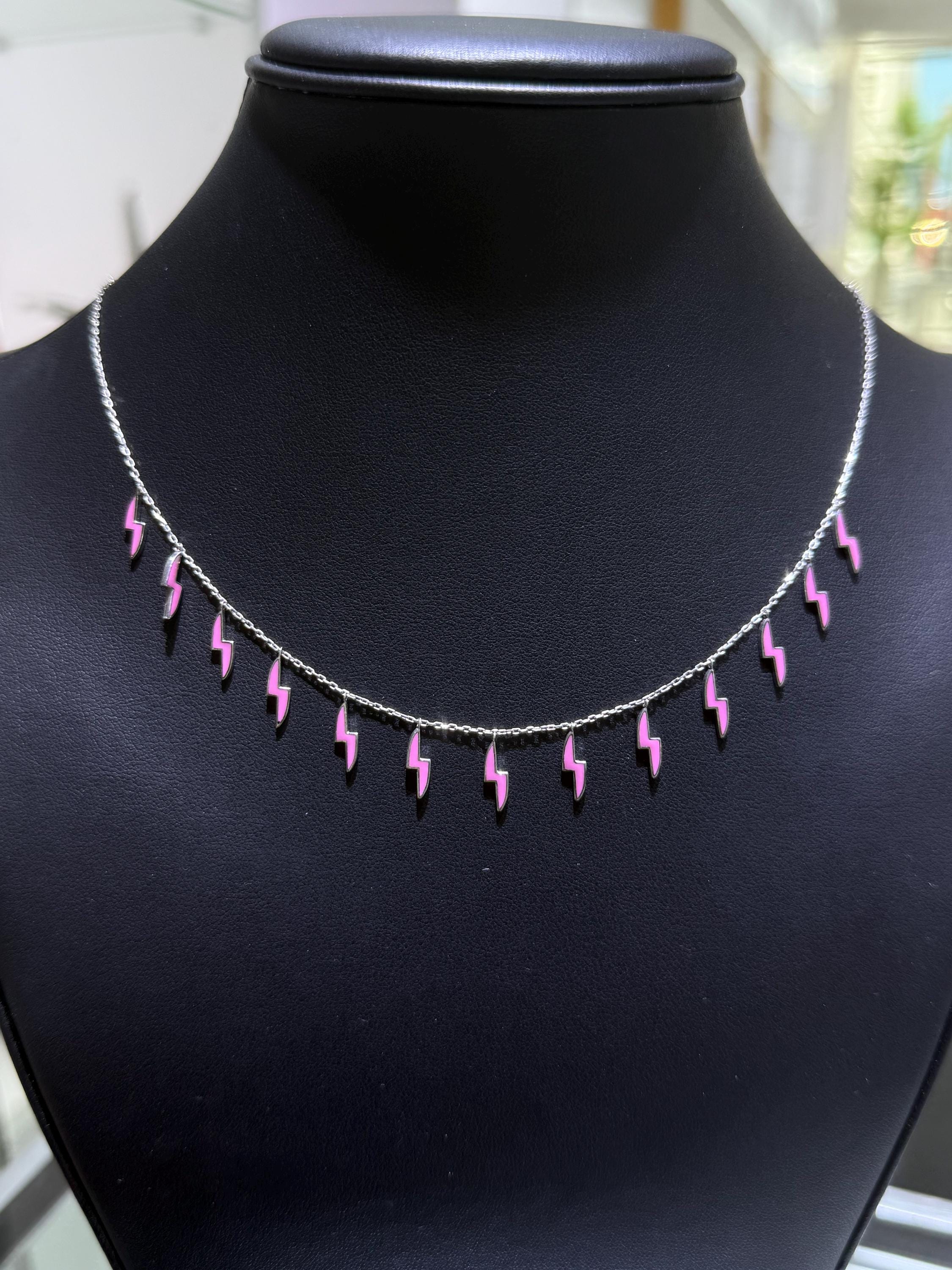 Platinum Sterling Silver Pink Enamel Lightning Bolt Dangle Stack