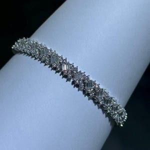 Bridal Platinum Over Sterling Silver Simulated White Sapphire Baguette Halo Tennis Bracelet