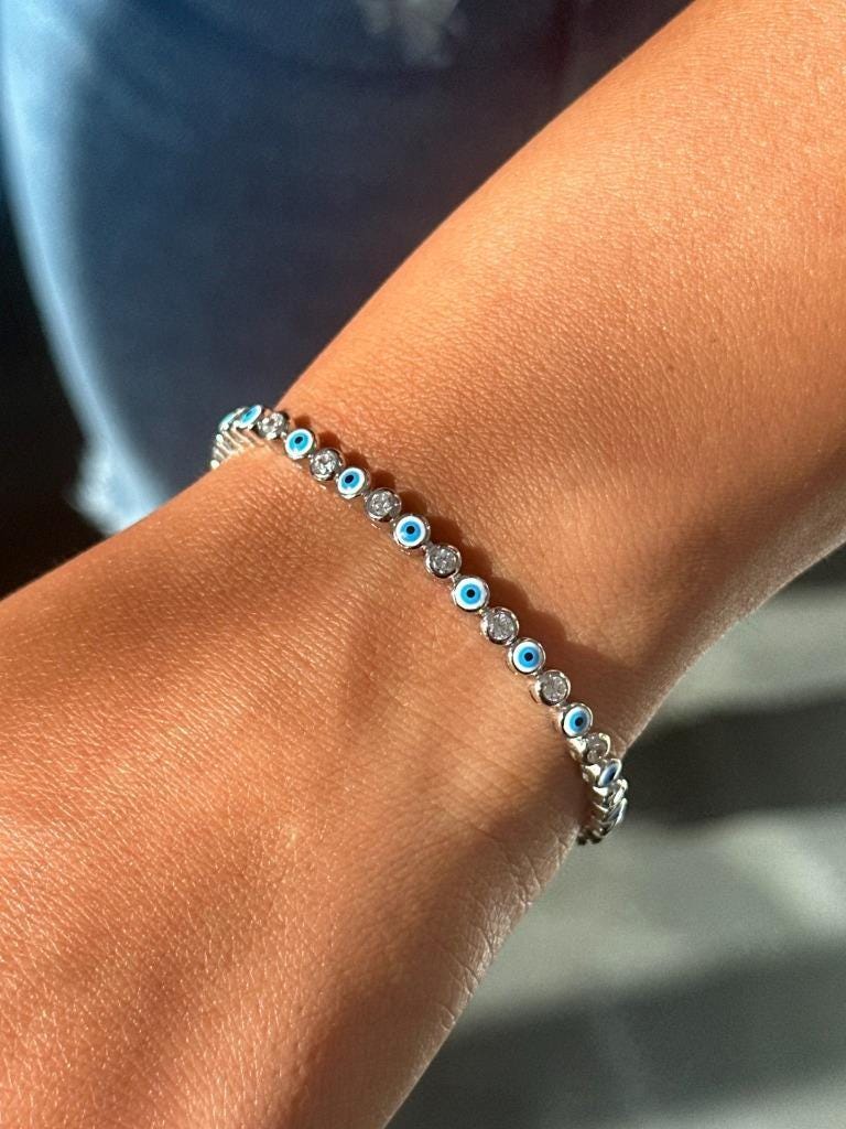 Platinum Over Sterling Silver Blue Enamel Evil Eye White Sapphire