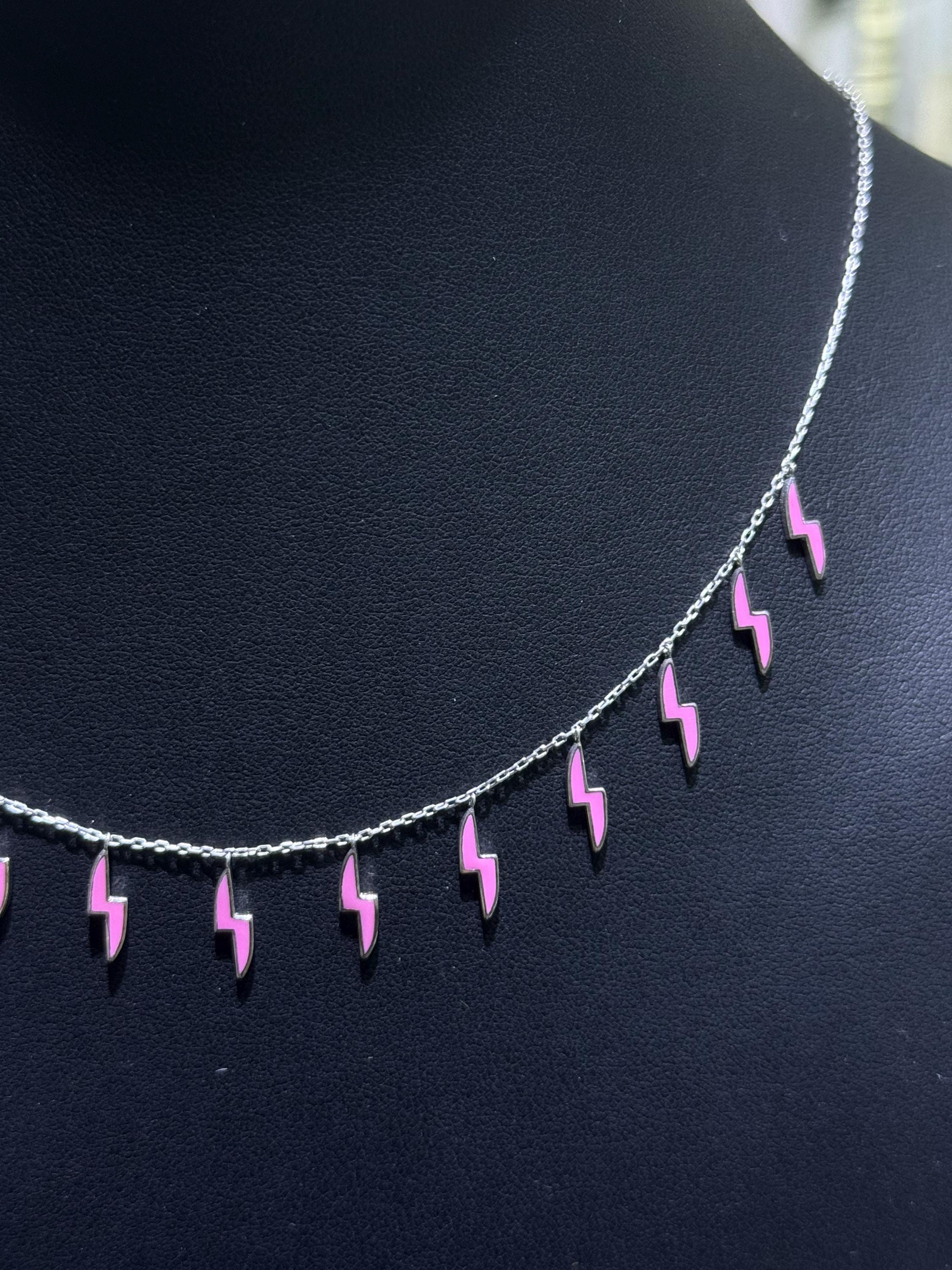 Platinum Sterling Silver Pink Enamel Lightning Bolt Dangle Stack