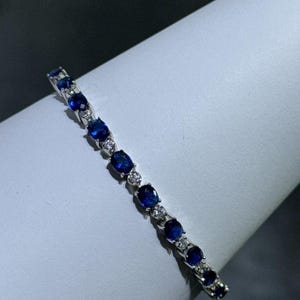 Platinum Sterling Blue Sapphire & White Simulated Diamond Tennis Bracelet 7&quot; L