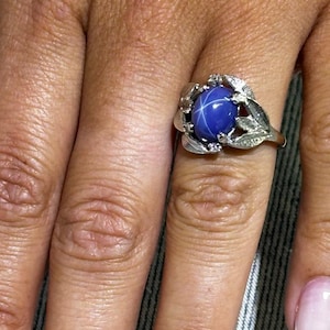 14k White Gold Natural White Diamonds Blue Star Sapphire Halo Vintage Ring Sz 6 Bridal Gift