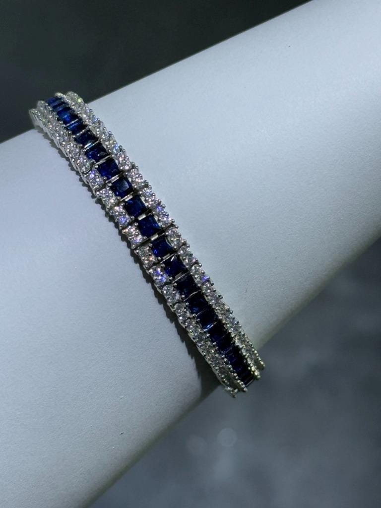 Bracciale Tennis In Argento 925 Con Zaffiro Blu Taglio Principessa E Zirconie - 20 Cm