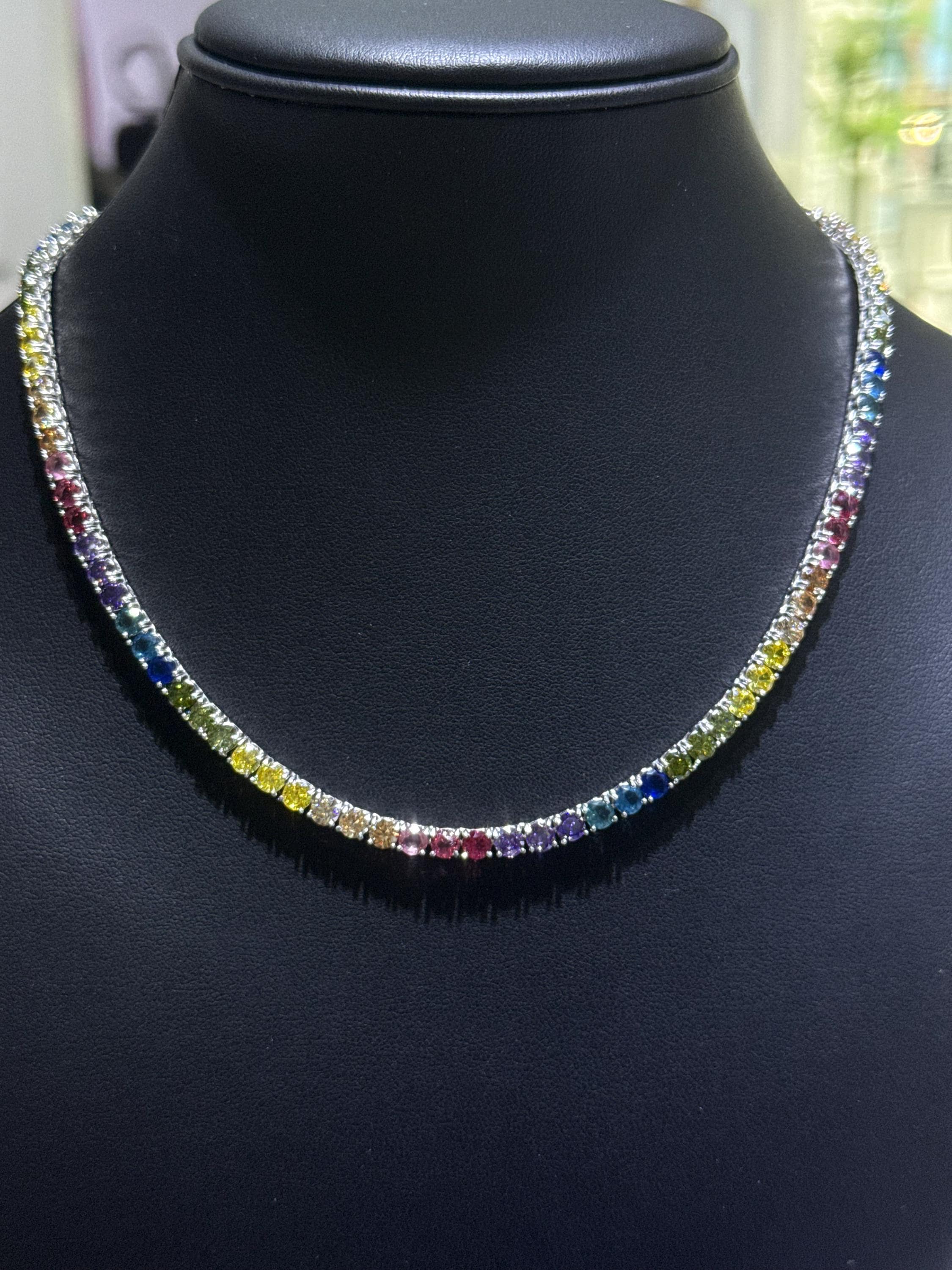 Platinum Sterling Silver Rainbow Sapphire Round Cut Choker Tennis