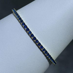 18k Yellow Gold Sterling Silver Blue Sapphire Round Cut Design Tennis Bracelet