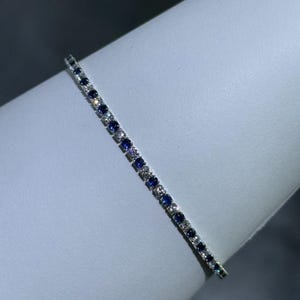 Platinum Sterling Blue Sapphire & Simulated Diamond Thin Tennis Bracelet 7&quot; L
