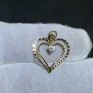 14k Yellow Gold Simulated Diamond Open Heart Shape Sparkle Charm Halo Pendant