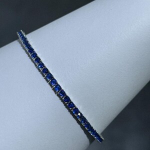 Platinum Sterling Silver Blue Sapphire Emerald Cut Design Tennis Bracelet 7&quot;