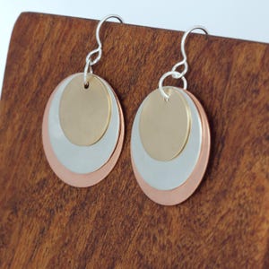 Mixed Metal Triple Disc Earrings | Copper, Sterling Silver, 14K Gold Filled -Brushed Finish - Handmade in Austin, TX