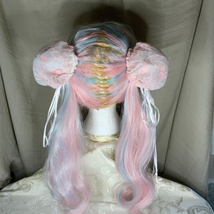 Hair Bun Covers Sheer White with Pink Hearts and Pearls Anime Cosplay