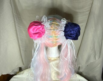 Hair Bun Covers Hot Pink Satin and Royal Purple Velvet Cosplay Anime