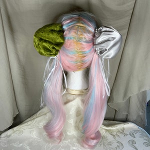 Hair Bun Covers Silver Satin and Green Velvet Cosplay Anime