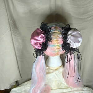 Hair Bun Covers Mauve and White Satin w/White lace Trim Reversible Cosplay Anime