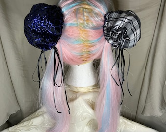 Hair Bun Covers Black Velvet Spider Web and Silver Plaid Cosplay Anime