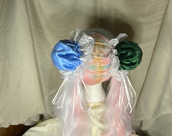 Hair Bun Covers Green Velvet and Blue Satin with White Lace Cosplay Anime