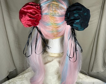 Hair Bun Covers Red Velvet and Teal/Black Lace Cosplay Anime
