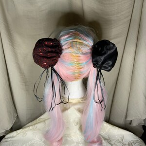 Hair Bun Covers Black Satin and Red Sequin Anime Cosplay