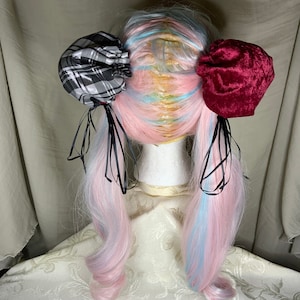 Hair Bun Covers Silver Plaid and Burgundy Velvet Anime Cosplay