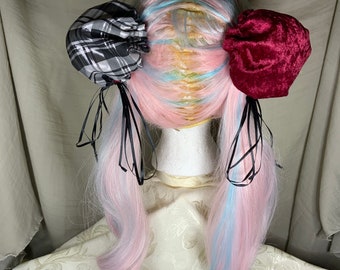Hair Bun Covers Silver Plaid and Burgundy Velvet Anime Cosplay