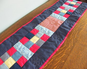 Hand Quilted Denim Table Runner, Rustic Nine Patch Table Topper