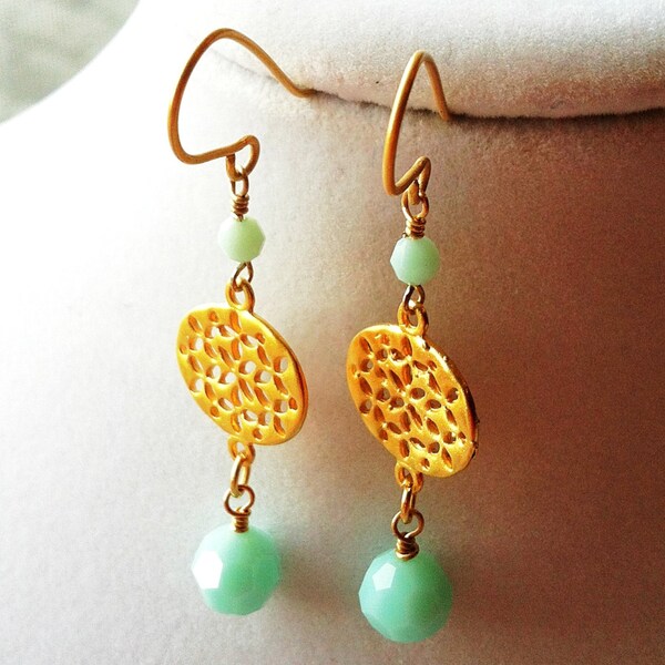 Mint Green And Gold Filagree Earrings, Mint Green Czech Glass Beads, Dangling Earrings, Drop Earrings