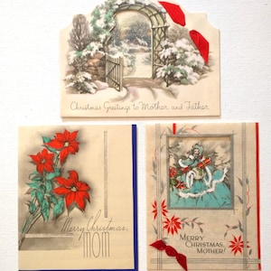 Beautiful Vintage Rust Craft Davis Merry Christmas Mother, Mother and Father, 1940-1950&#39;s Embellished, Satin paper Used Set of 3