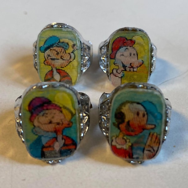 Vintage jaren 1960 Set van 4 Popeye Lenticulaire Flicker Ringen - Ongebruikte magazijnvoorraad