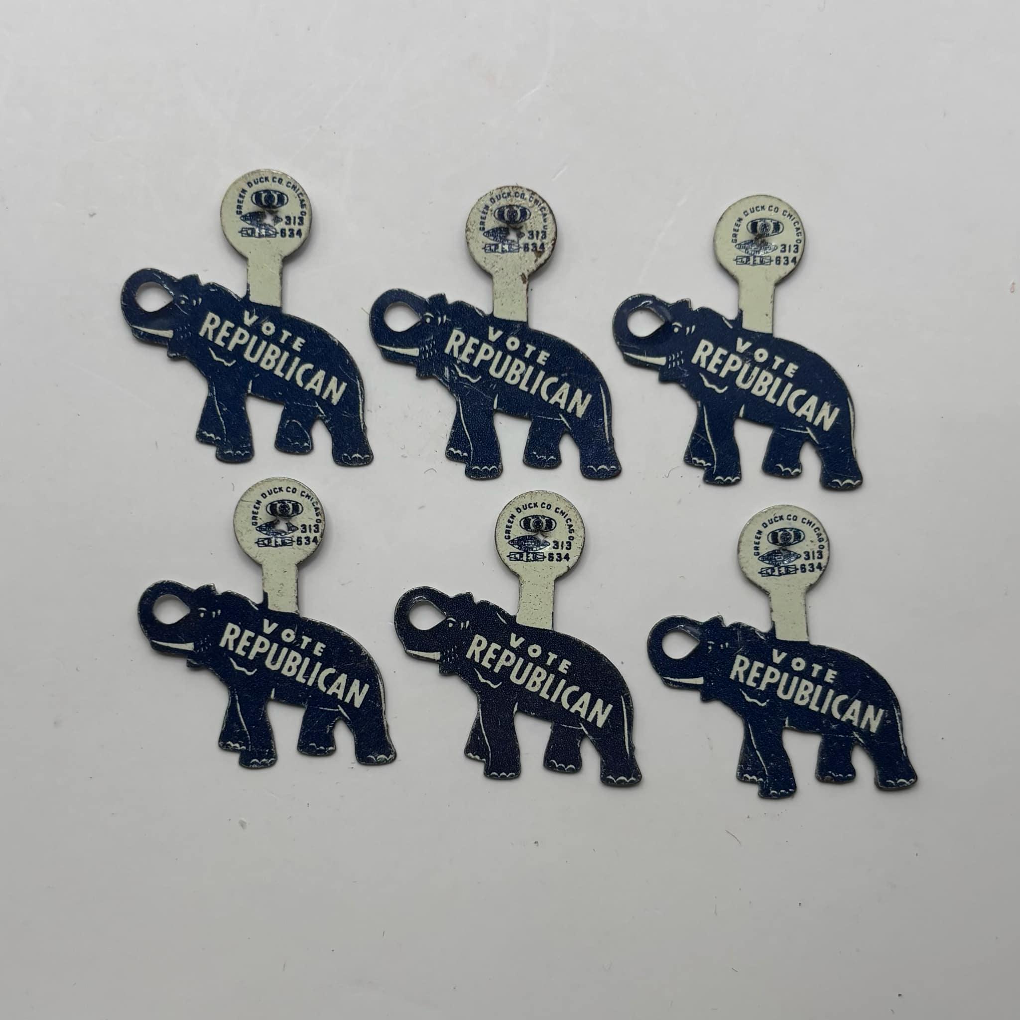 6 Vintage 1960s Vote Republican Foldover Lapel Badges - Green Duck