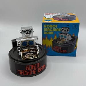 Vintage 1980s Wind-Up Robot Machine Bank w/ Box & Working