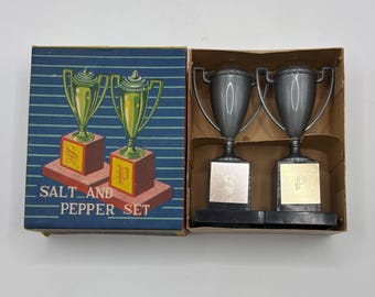 Vintage 1960s Plastic Trophy Salt & Pepper Shaker Set - Hong Kong - Unused