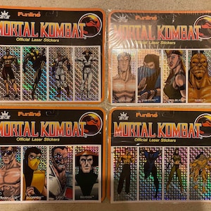 Mortal Kombat officiële laserstickers, complete set van 4 pakketten - Funline 1992 - ongebruikte winkelvoorraad