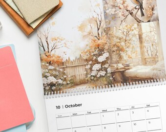 May include: A spiral-bound calendar open to October, featuring a watercolor illustration of a bird perched on a branch. The artwork depicts a serene outdoor scene with a fence and flowers. The calendar shows the days of the month.