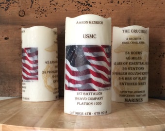 CRUCIBLE CANDLE with flag- United States Marine Corps (USMC) yellow foot prints, ega, parris island San Diego crucible unitedbycandlelight