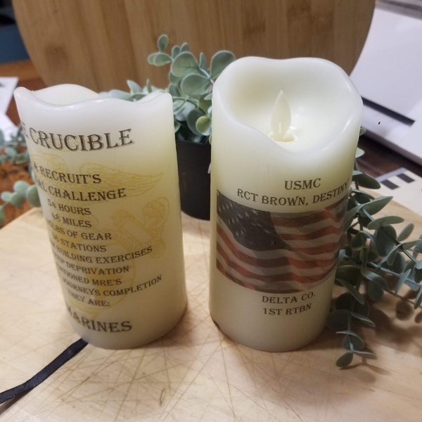 Moving Wick w/Wavy top CRUCIBLE CANDLE with flag and EGA image for United States Marine Corps @ Parris island & San Diego crucible.