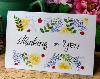 Watercolor Floral Greeting Card - Thinking of You - Grief - Loss - Hello Card - Yellow Roses and Poppies - Script font