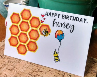 Watercolor Greeting Card - Happy Birthday Card - Loved one birthday - Honey Bee Balloon