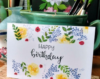 Watercolor Floral Greeting Card - Happy Birthday Card - Yellow Roses and Poppies - Script font