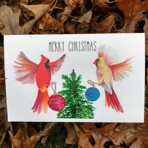 Cartolina di Natale - cardinali - albero di Natale - ornamenti di Natale - cartolina dell'acquerello - arte natura