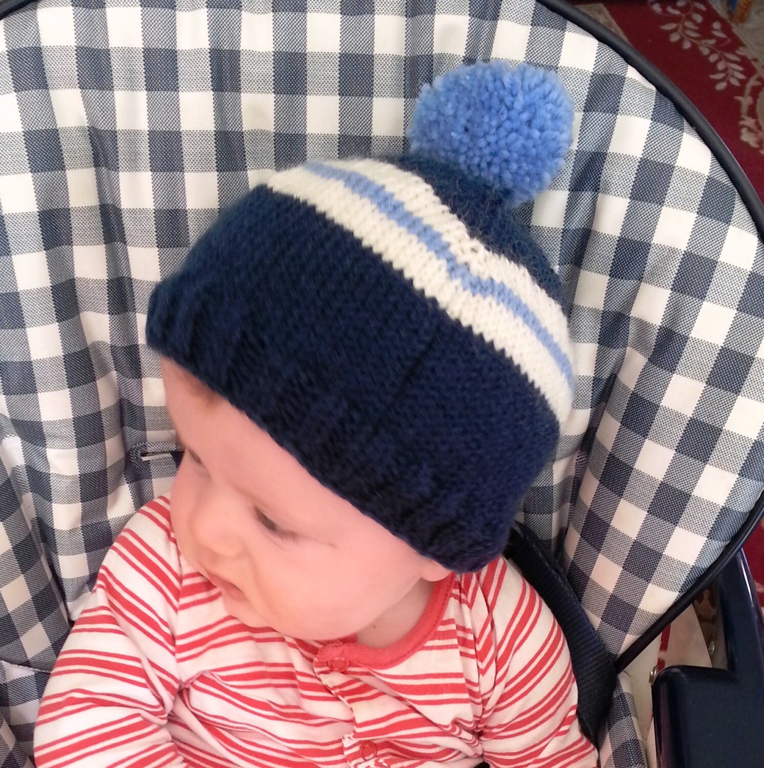 Baby boys blue hat stripes baby boy hat pom pom hat blue Etsy
