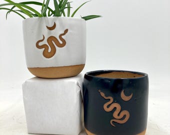 Mini Snake and Crescent Moon Handmade Ceramic Houseplant Pot